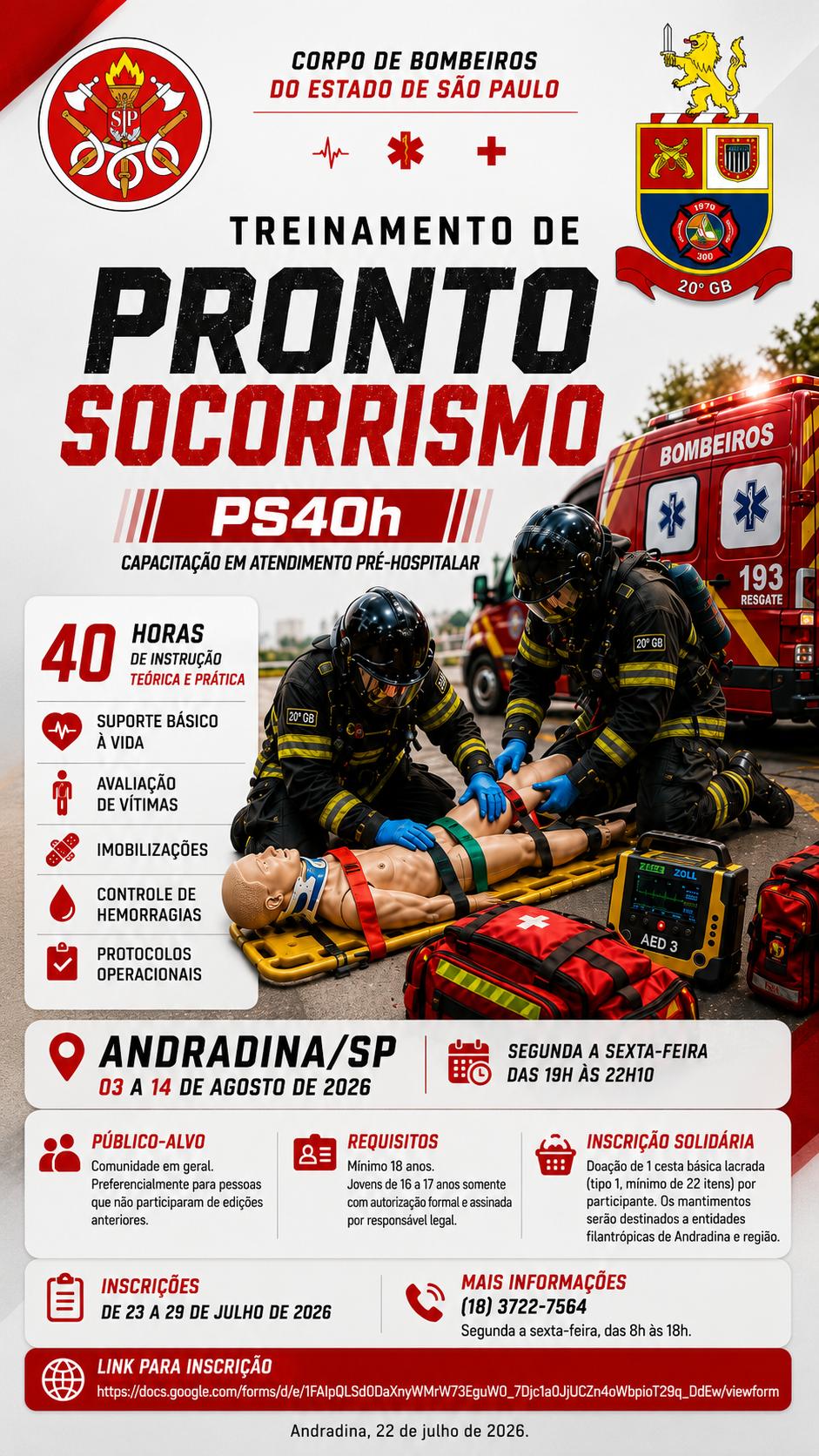 Encontram-se abertas as inscrições para o treinamento de Pronto Socorrismo, com carga horária de 40 horas/aula.